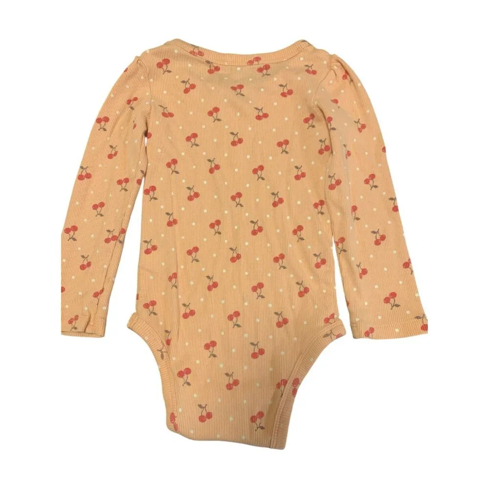 Cherokee 24M Peach Cherry Print‎ Henley Bodysuit Button Ruffle